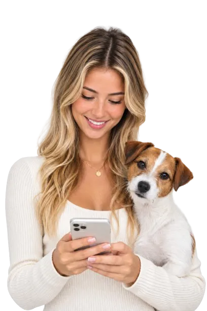A woman checking WhatsApp on her phone, with her dog beside her